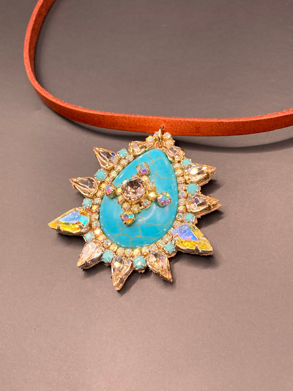 Turquoise Sun Star Necklace | Leather Cord